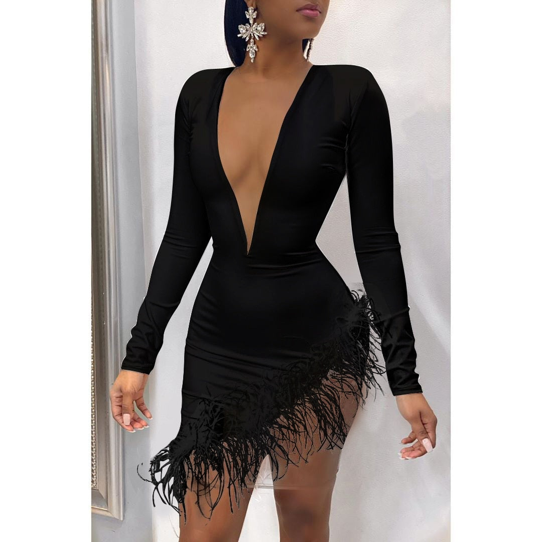 Women Winter Mini Dress 2021 O-Neck Mesh Feather Patchwork Sexy Night Club Party Bandage Street Bodycon Dresses