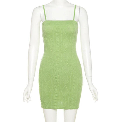 Women Fashion Elegant Streetwear Strap Mini Dress Summer 2021 New Solid Green Knit Stretch Slim Office Lady Dresses