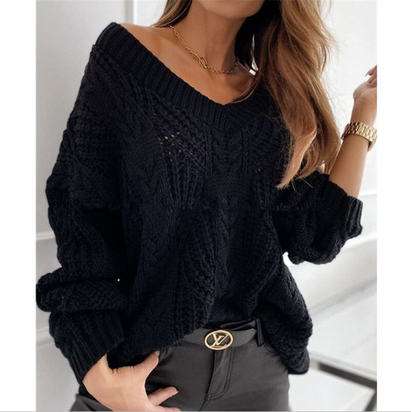 Hollow Out Design V-Neck Long Sleeve Solid Color Casual Loose Pullovers Top