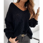 Hollow Out Design V-Neck Long Sleeve Solid Color Casual Loose Pullovers Top