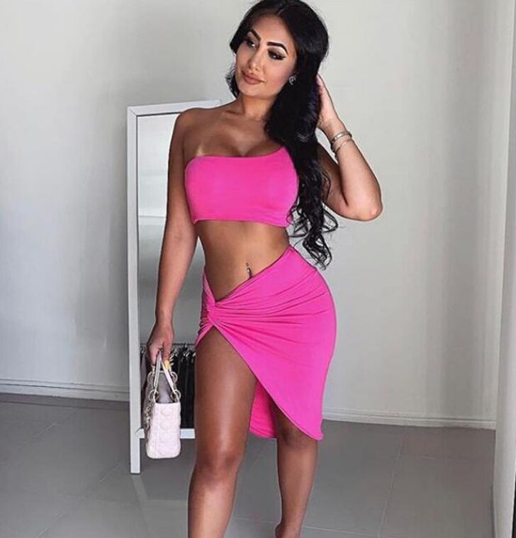 Sexy One Shoulder Two Piece Set Solid bandage Bodycon 2 Piece Set Women Sleeveless Crop Top And Skirt Summer Set