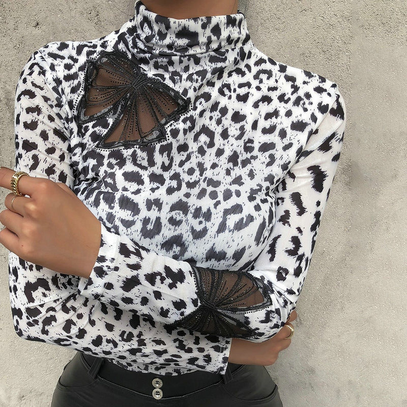 Leopard Print Turtleneck Blouse Spring Long Sleeve Shirts Blouse