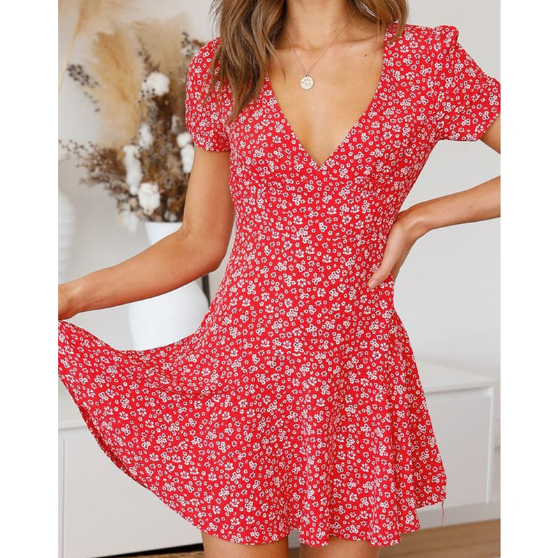 Women&#39;s Dress Summer V-Neck High Waist Short Dress for Party Holiday Casual Lady Slim Fit Flared Mini Dress A-Line Flowers/Dots