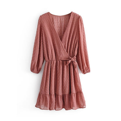 Ruffles Lace Chiffon Dress Boho Three Quarter Sleeve Ladies Party Dresses