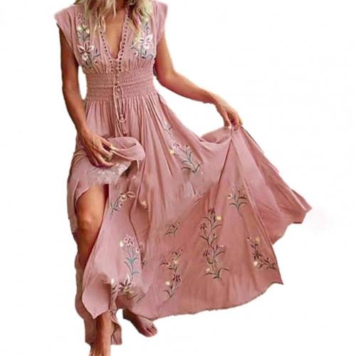 Women Maxi Dress Sleeveless V Neck Floral Print Large Hem Long Dress for Party Summer Women clothes Pink xxl платье летнее 2021