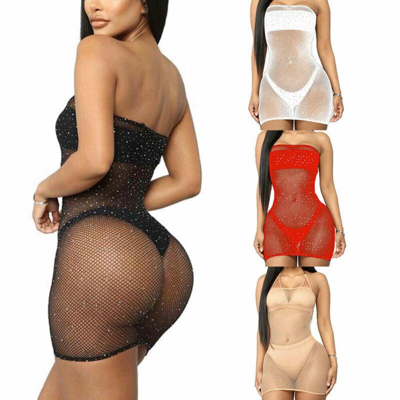 Shiny Bronzing Bandeau Fishnet Mesh Sheer Bikini Cover Up See Through Swimsuit