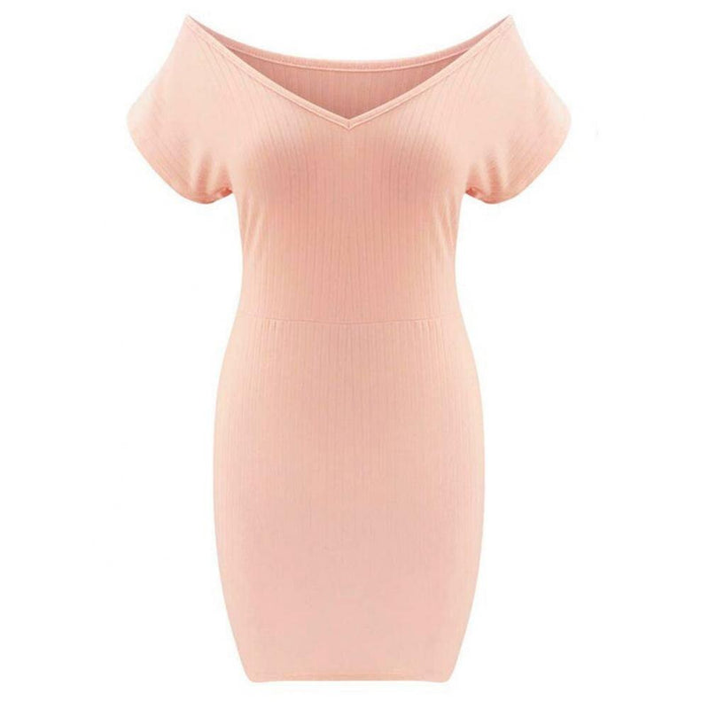 2021 Hot Sell New Sexy Women&#39;s Bodycon Dress V Neck Off Shoulder Short Sleeve Ribbed Party Mini Bodycon Dress For Wedding  Party