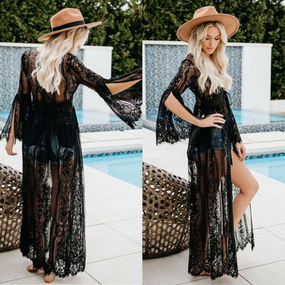 Women Lace Crochet Beach Bikini Cover Up Long Kaftan Dress Summer Kimono Maxi Dress Bathing Suit Beachwear maios de banho