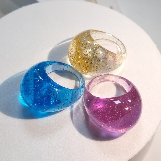 Colourful Transparent Resin Acrylic Rhinestone Geometric Square Round Rings Set for Women Jewelry Travel Gifts