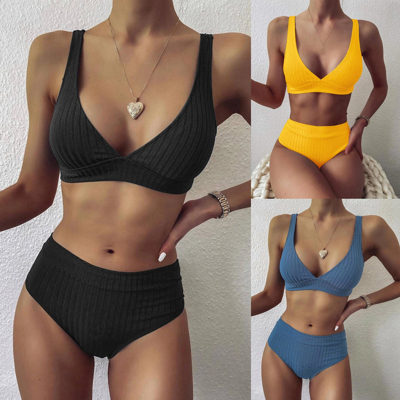 Solid Color Swimwear Women Bikinis Push Up High Cut Hight Waist Halter Bikini Set Two Piece Swimsuit