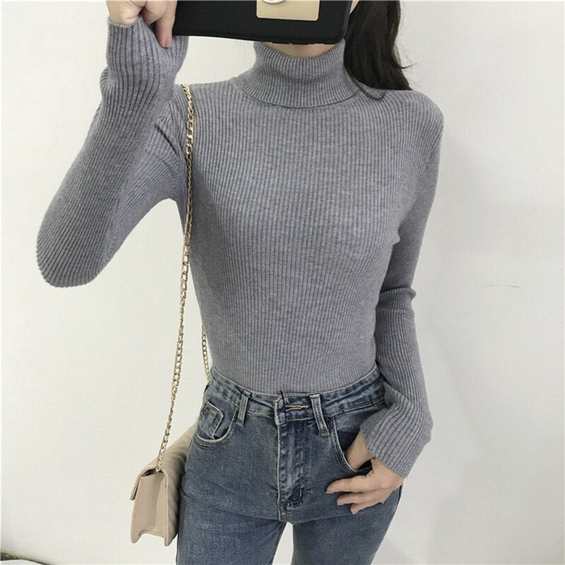 Knitted Ribbed Pullover Sweater Long Sleeve Turtleneck Slim Jumper