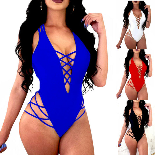 One-Piece Swimsuit V neck Bandage Cross Bikini Push-up Padded Bra Bathing Suit Solid Swimwear