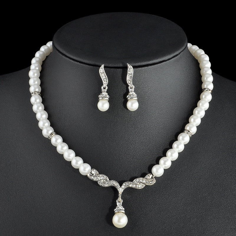 TREAZY Elegant Simulated-pearl Bridal Jewelry Sets Rhinestone Pearl Drop NECKLACE+EARRINGS Wedding Jewelry Sets for Women Gifts
