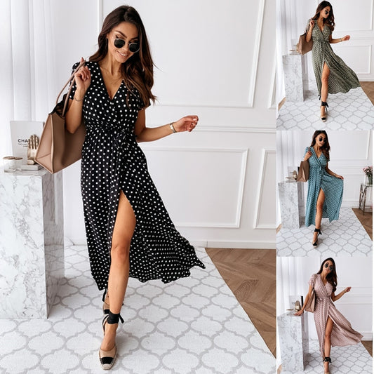 Polka Dot Split Boho Dress V-Neck Women Casual Beach Vacation Long Dresses