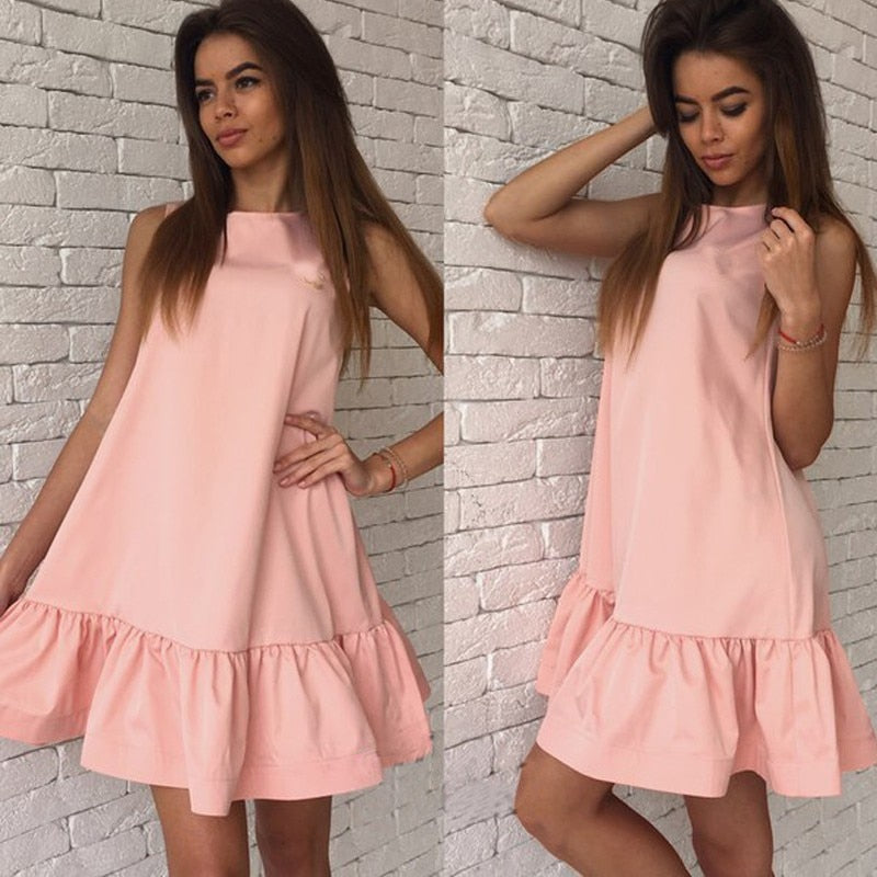 Summer Women O-Neck Sleeveless Solid Ruffle Mini Dress Sexy Lady Streetwear Loose Party Vestidos WDC7129