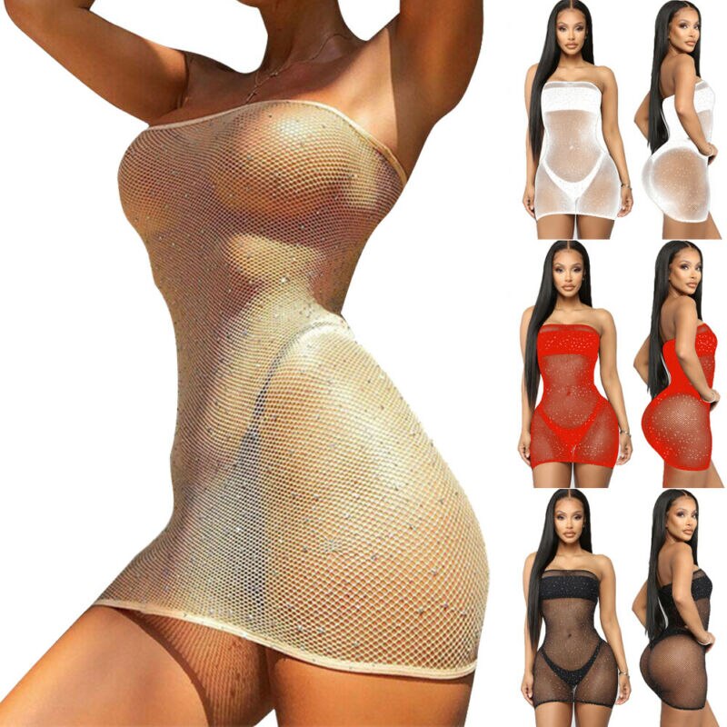 Shiny Bronzing Bandeau Fishnet Mesh Sheer Bikini Cover Up See Through Swimsuit