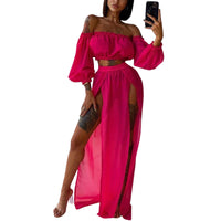 New Hot Sale Women&#39;s Clothing Set, Off Shoulder Long Sleeve Tops and Cover Up Skirt Two-piece Suit for Travelling Beach Vacation
