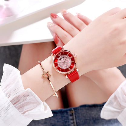 Rhinestone Leather Watches Women Alloy Analog Quartz Red Purple