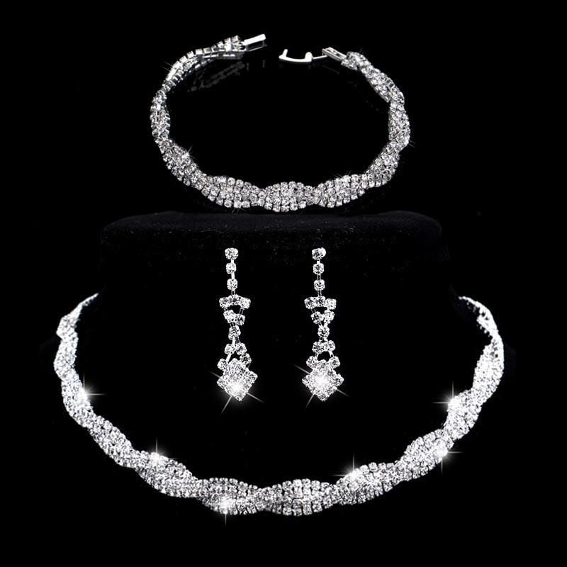 TREAZY Silver Color Rhinestone Crystal Bridal Jewelry Sets for Women Necklace Earrings Bracelet Set Wedding Jewelry Accessories