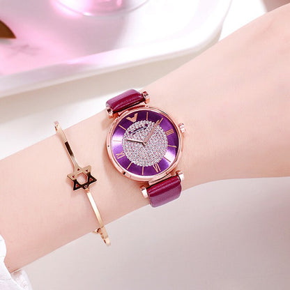 Rhinestone Leather Watches Women Alloy Analog Quartz Red Purple