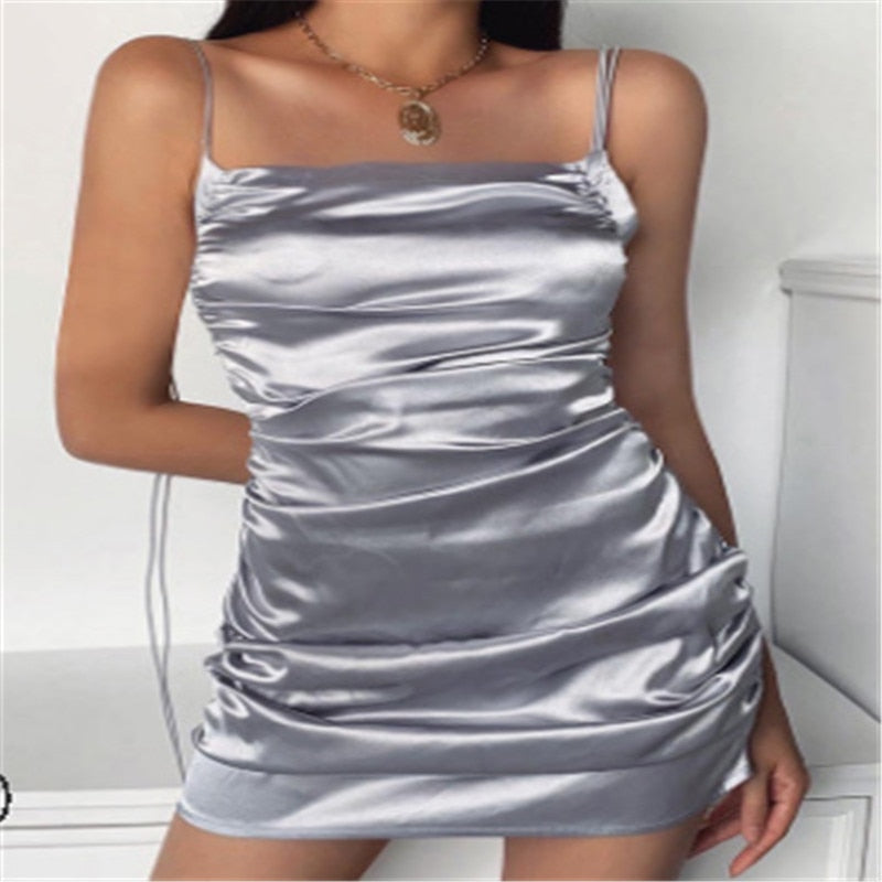 2020 Satin Silk Women Mini Dress Spaghetti Strap Summer Pleated Dress Seleeveles Silver Party Dresses Bodycon Bandage Dresses