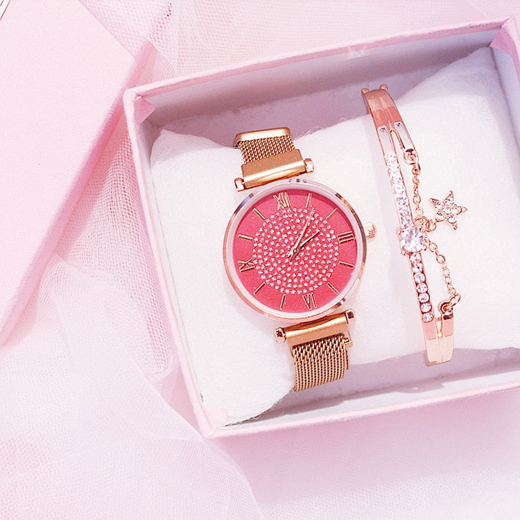 Ladies Watch Bracelet Gift Box Set Diamond Starry Gold Quartz Wristwatches Crystal Magnetic Steel Mesh