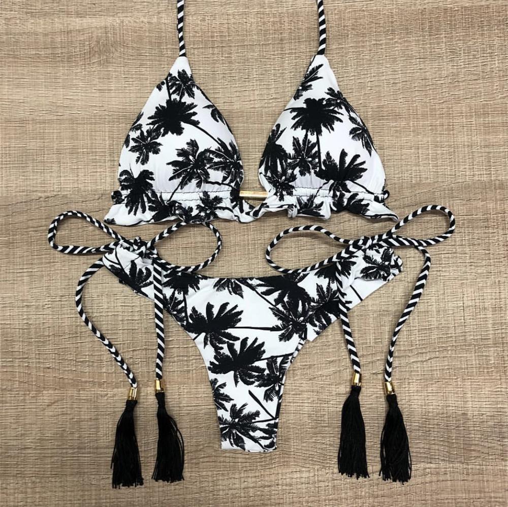 Sexy Floral Print Bikinis Striped Patchwork Swimsuit Women Bandage Bikini Set