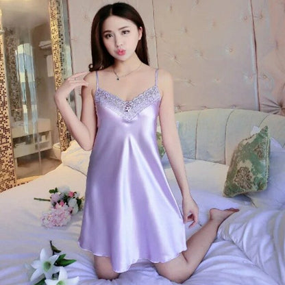 Women Sexy Lace Satin Nighty Underwear Lingerie Hot Summer V-Neck Faux Silk Spaghetti Strap Night Dress Femme Pajamas Sleepwear