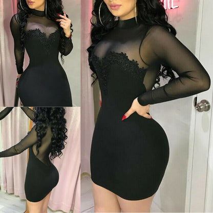 Skinny Summer Dress 2019 Mesh Transparent Sexy Black Women Dress Casual Long Sleeve Evening Party Mini Short Sexy Dress Bodycon