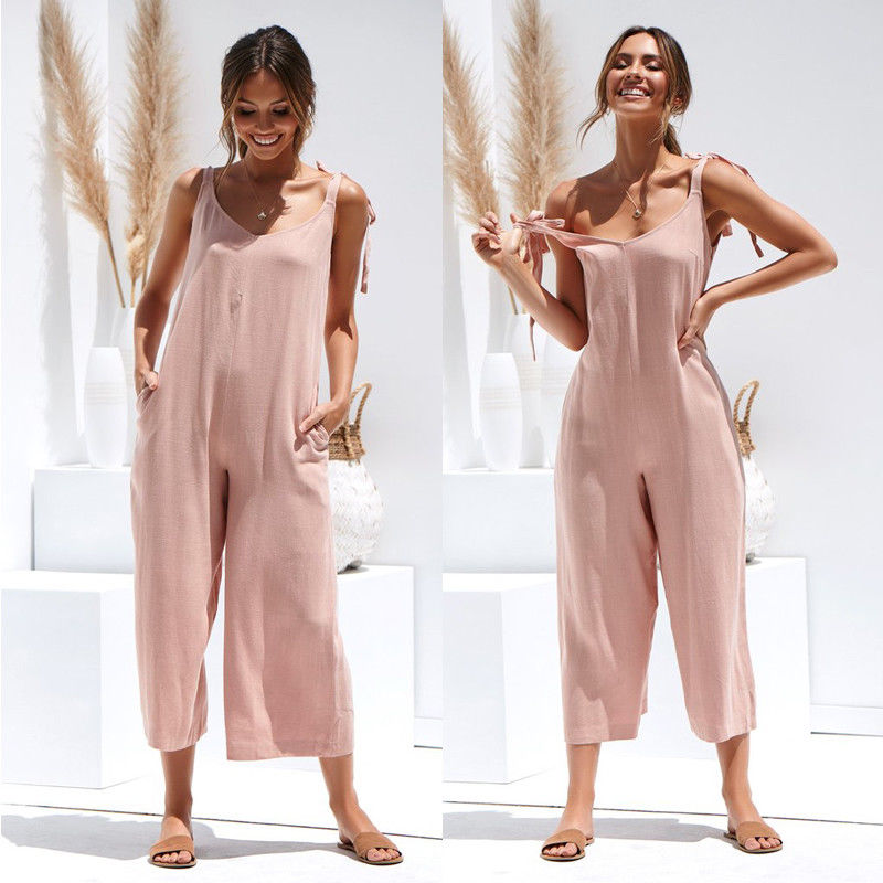 Summer Women Sleeveless Rompers Loose Jumpsuit O Neck Casual Backless Overalls Trousers Wide Leg Pants 4 Color S-XL