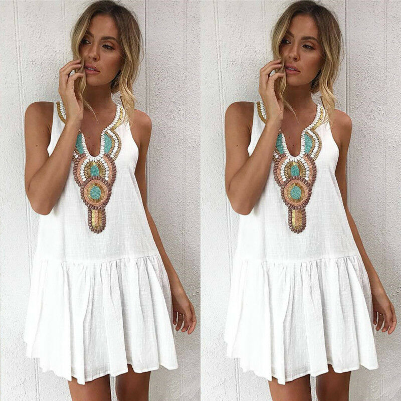 Summer Fashion Womens Sexy Casual V Neck Sleeveless Printed Dress Boho Party Short Dress Beach Dress Sundress