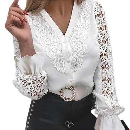 Office Women Dress Shirt 2021 Summer Long Sleeve Hollow Out Top Women Single-breasted Lace Patchwork Blouse Women Suit Shirt