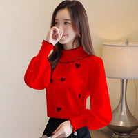 Lady Casual Long Sleeve Turtleneck Heart Embroidery Blouse