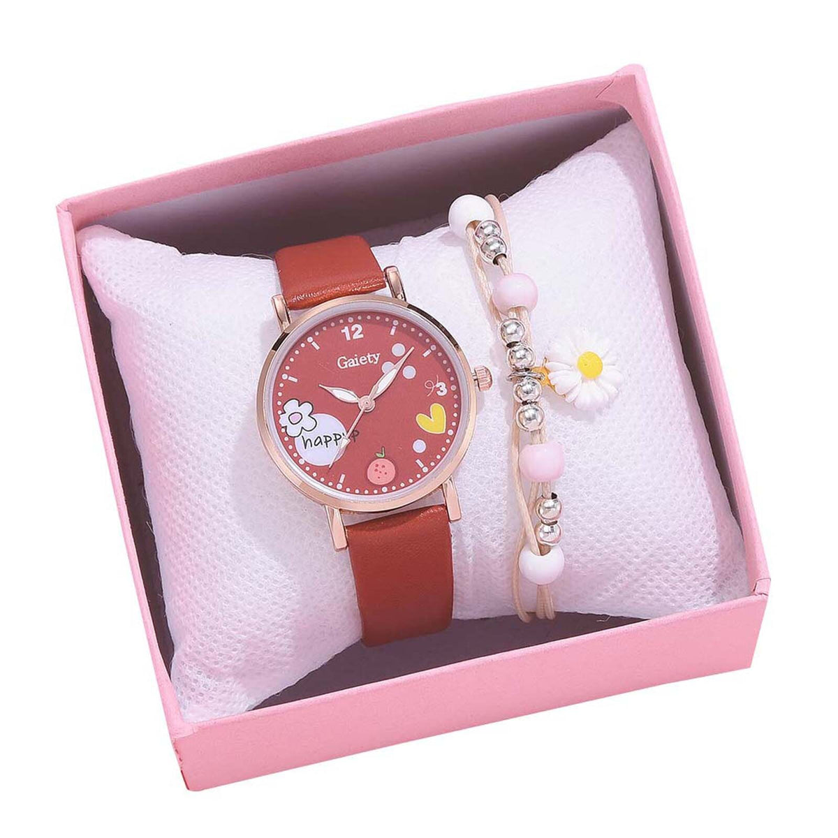 Macaron Leather Belt Watch Daisy Bracelet Set Contain Box
