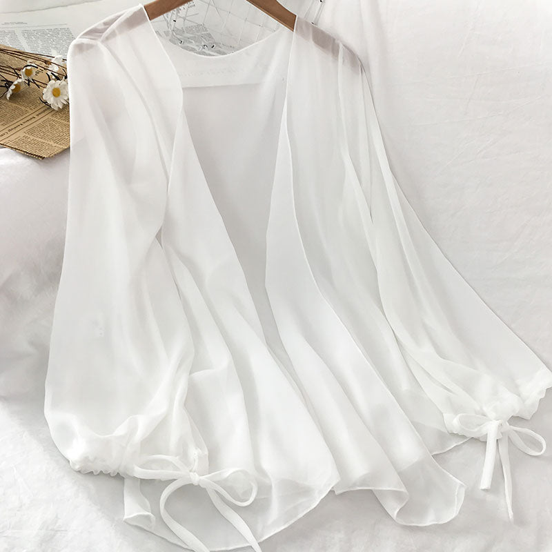 Chiffon Solid Blouses Women Breathable Shirts Thin New Outwear V-neck Elegant Korean Style Trendy Drawstring Bow Female Simple