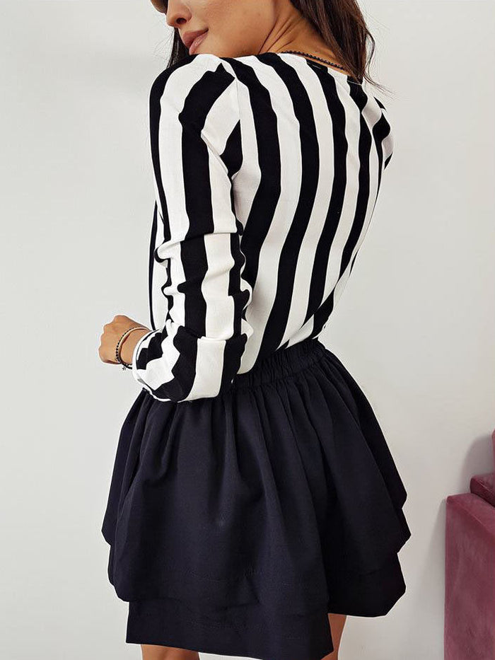 Striped Shirt Black White Elegant V Neck Button Blouse