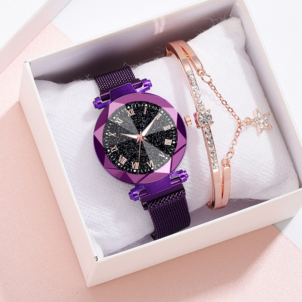 Rose Gold Starry Sky Fashion Women's Quartz Wristwatch Bracelet box Set