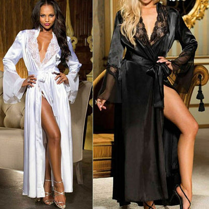 Satin Silk Lace Patchwork Gown Bathrobes G-string Long Nightdress Lingerie Kimono Robe with Belt