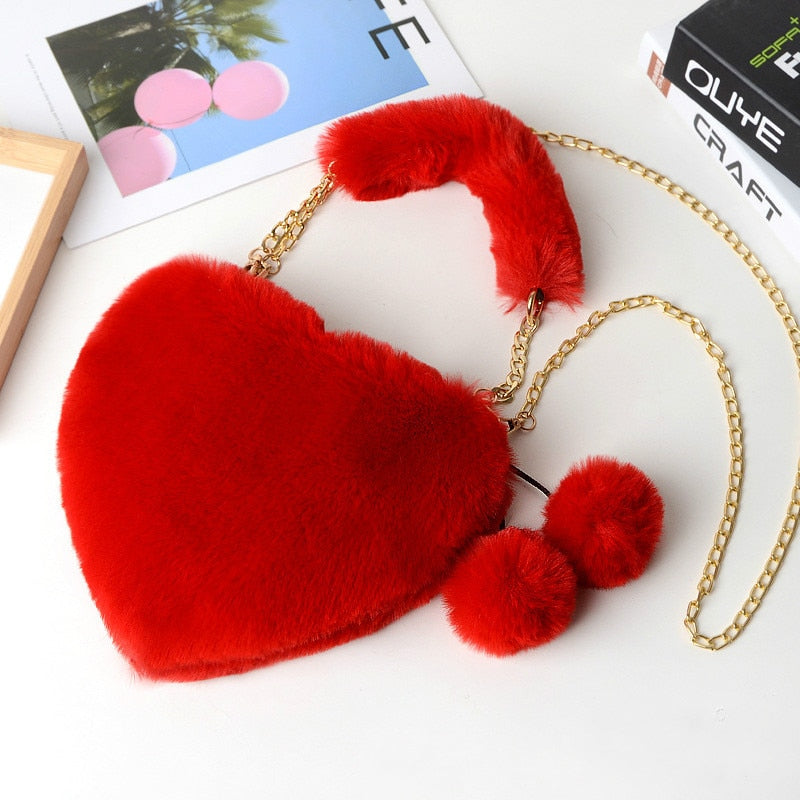 Faux plush heart-shaped shoulder bag