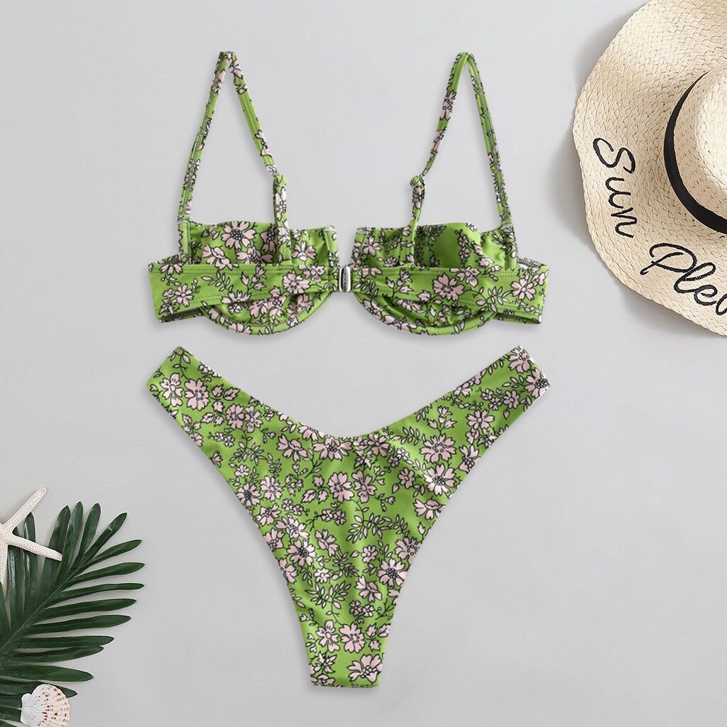 Purple Floral Print Underwire Swimsuit Brazilian Summer Bathers Bathing Suit