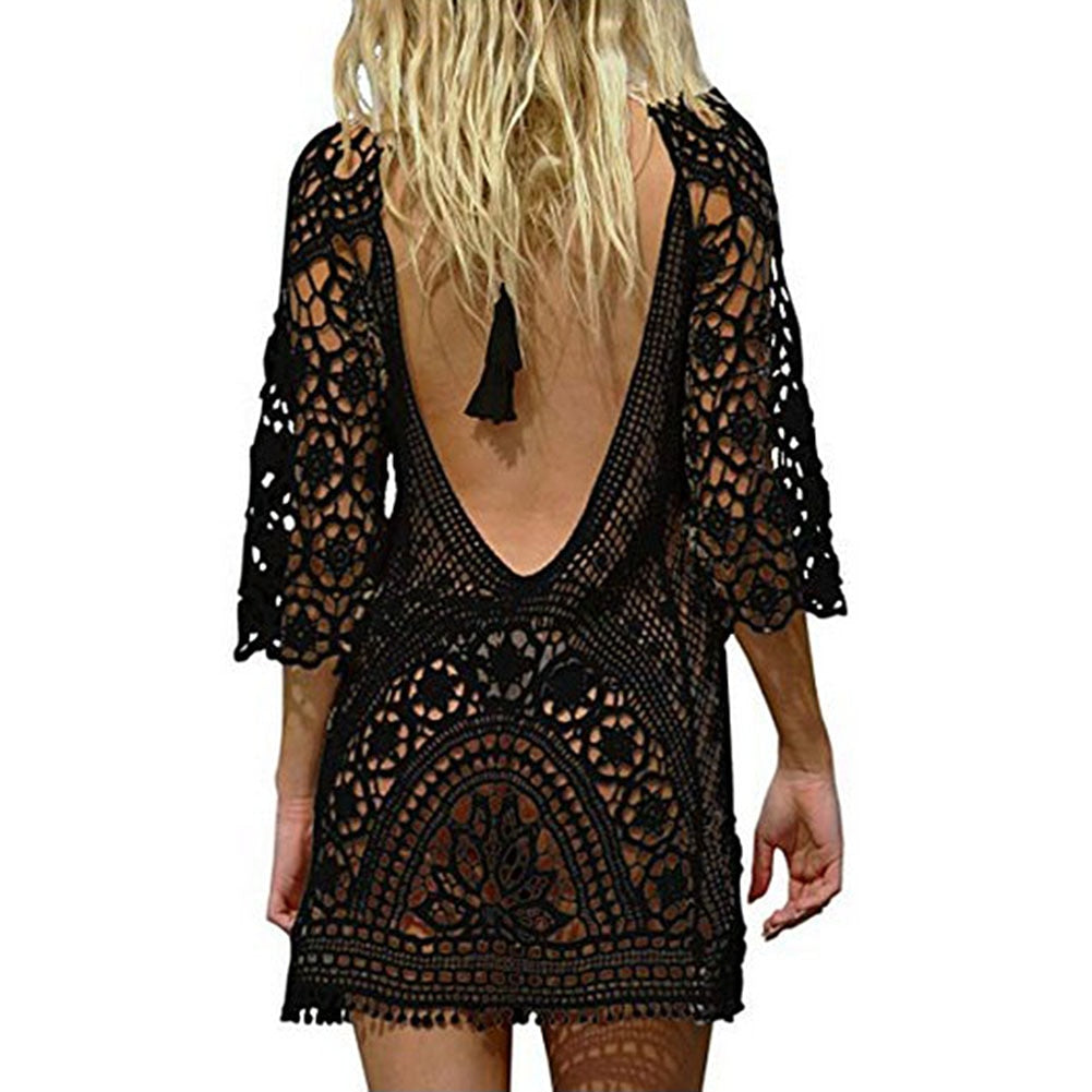 Crochet Lace  Smock Knitting Swimwear Cover Up Mesh Beach Dress Tunic Robe