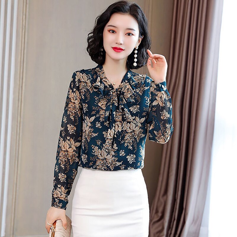 Chiffon Blouses Shirts Lady Casual Long Sleeve Bow Tie Collar Printed Blouse