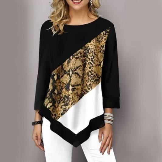 O Neck 3/4 Sleeve Irregular Hem Leopard Patchwork  Blouse Loose Fit Women's Clothing