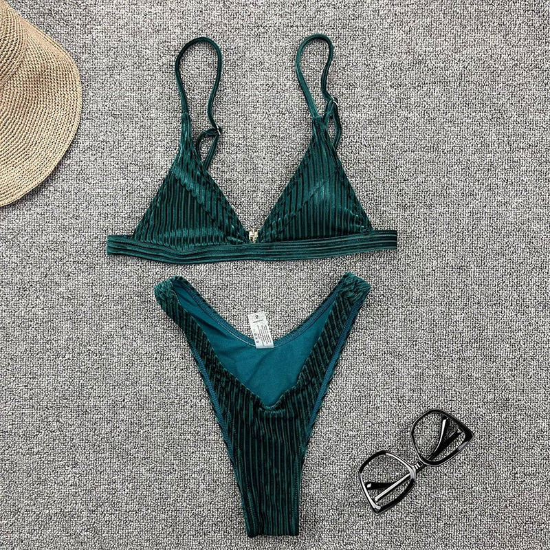 Sexy velvet ribbed swimsuit women Triangle micro bikini set High cut swimming Bathing suit Beachwear