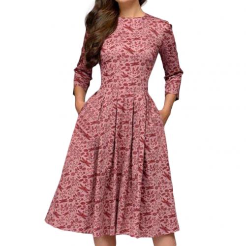 Fashion Women Dress Elegant Fashion Floral Print 3/4 Sleeve Round Neck A-line Slim Fit Ruched Prom Evening Party Dress Plus Size