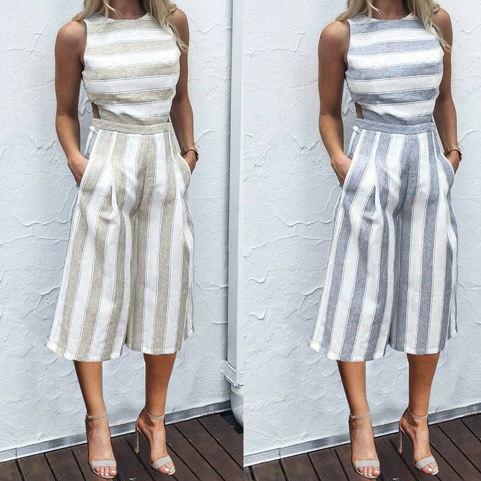 Striped Loose Casual Party Jumpsuit & Romper Chiffon Long Trousers