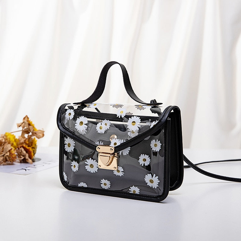 Transparent Daisy Pattern Shoulder Bag Hardware Chain Strap Color Block Messenger Handbag