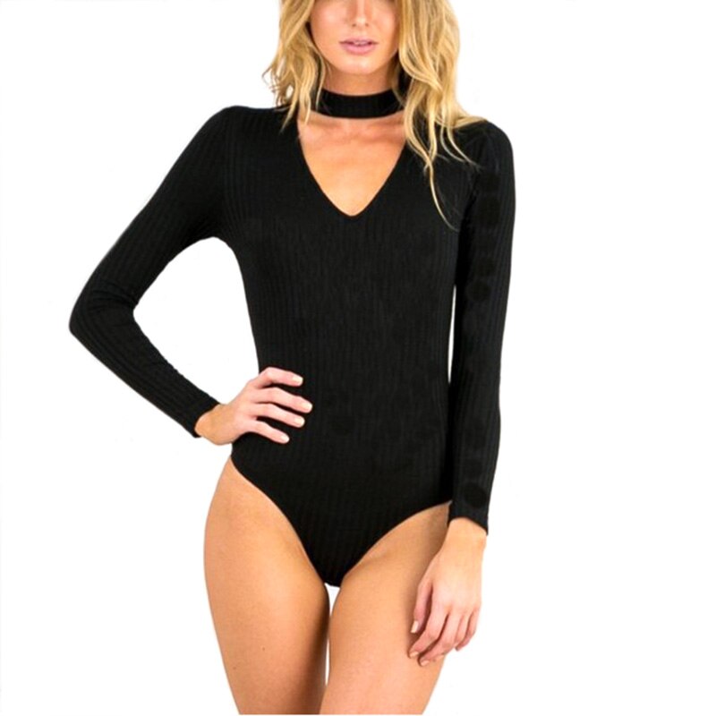 2020 Sexy Womens Long Sleeve Bodysuit Choker Romper Deep V Neck Bodycon Body Suit One Piece Fitness Overalls For Women