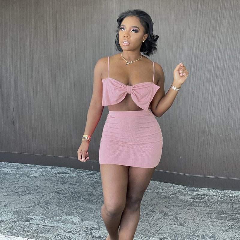 Pink Bow Two Piece Set Sexy Party Dress