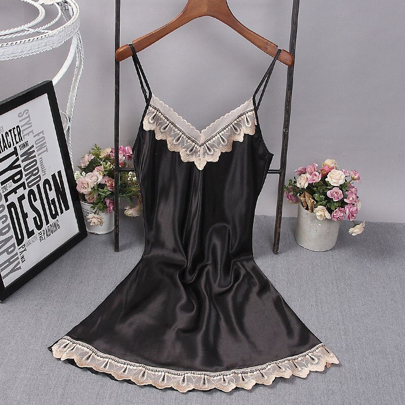 Deep V Lace Sleepwear Lingerie Silk Nightgown Sleeveless Nightdress Nightwear